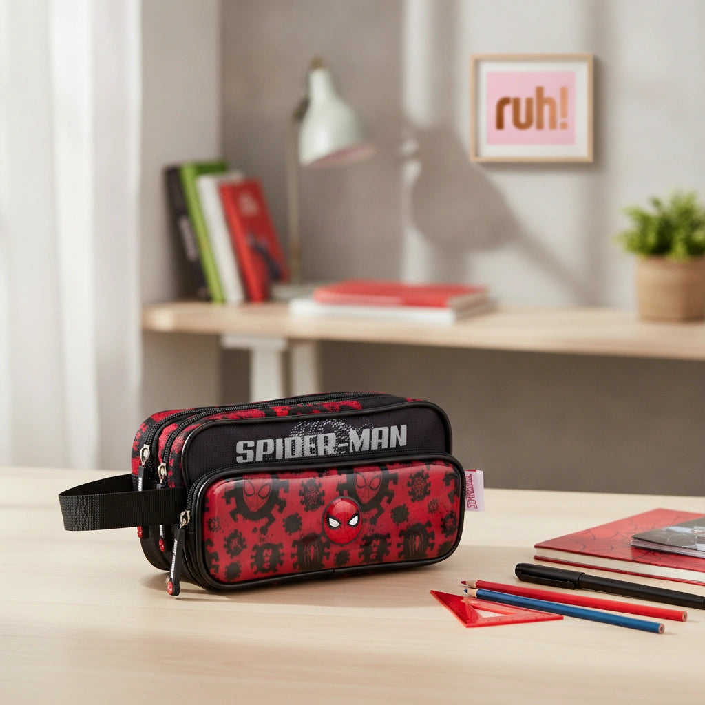 Lapicera Escolar Triple Compartimento Negra Marvel Spider-Man