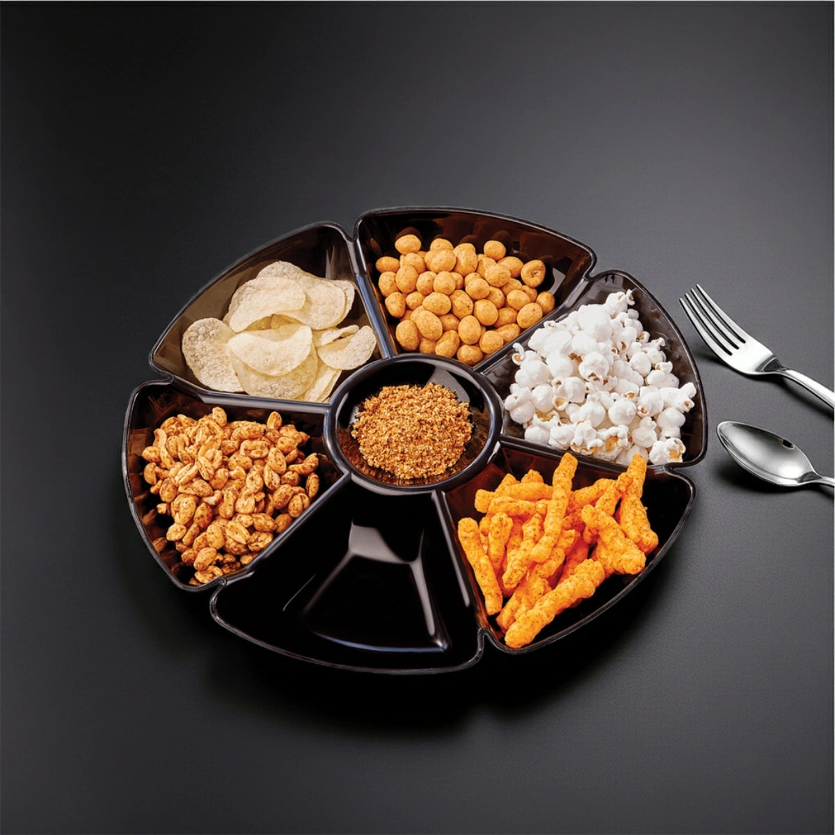 Plato Botanero Salsero Negro 7 Compartimentos | 19.5 cm