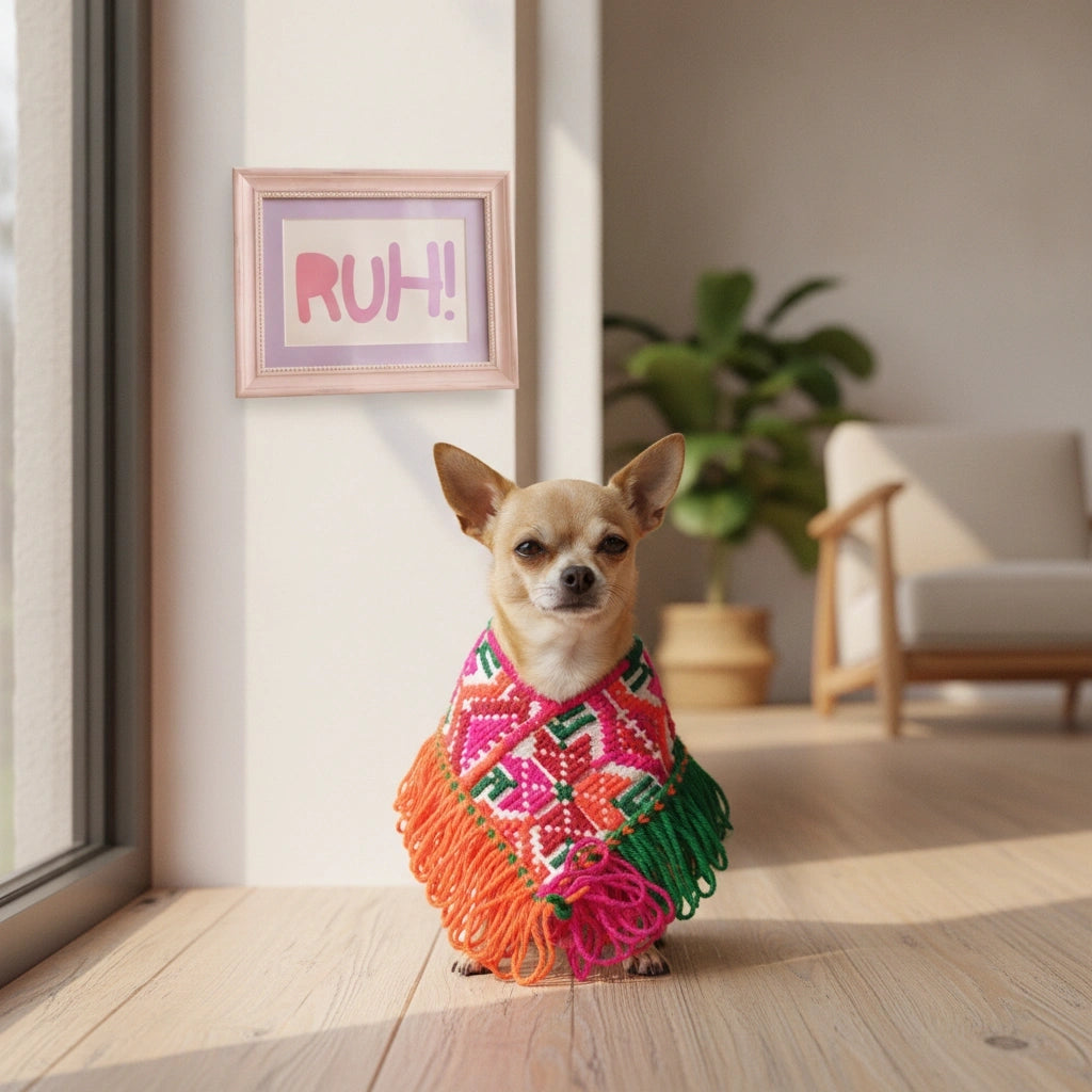 Quexquémitl Huasteco Artesanal Bordado 100% a mano para Perritas