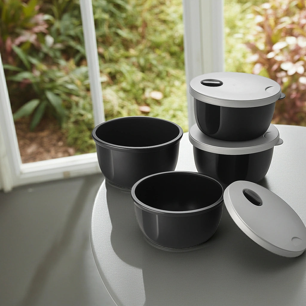 Set 4 Contenedores 300ml Válvula Microondas Negro