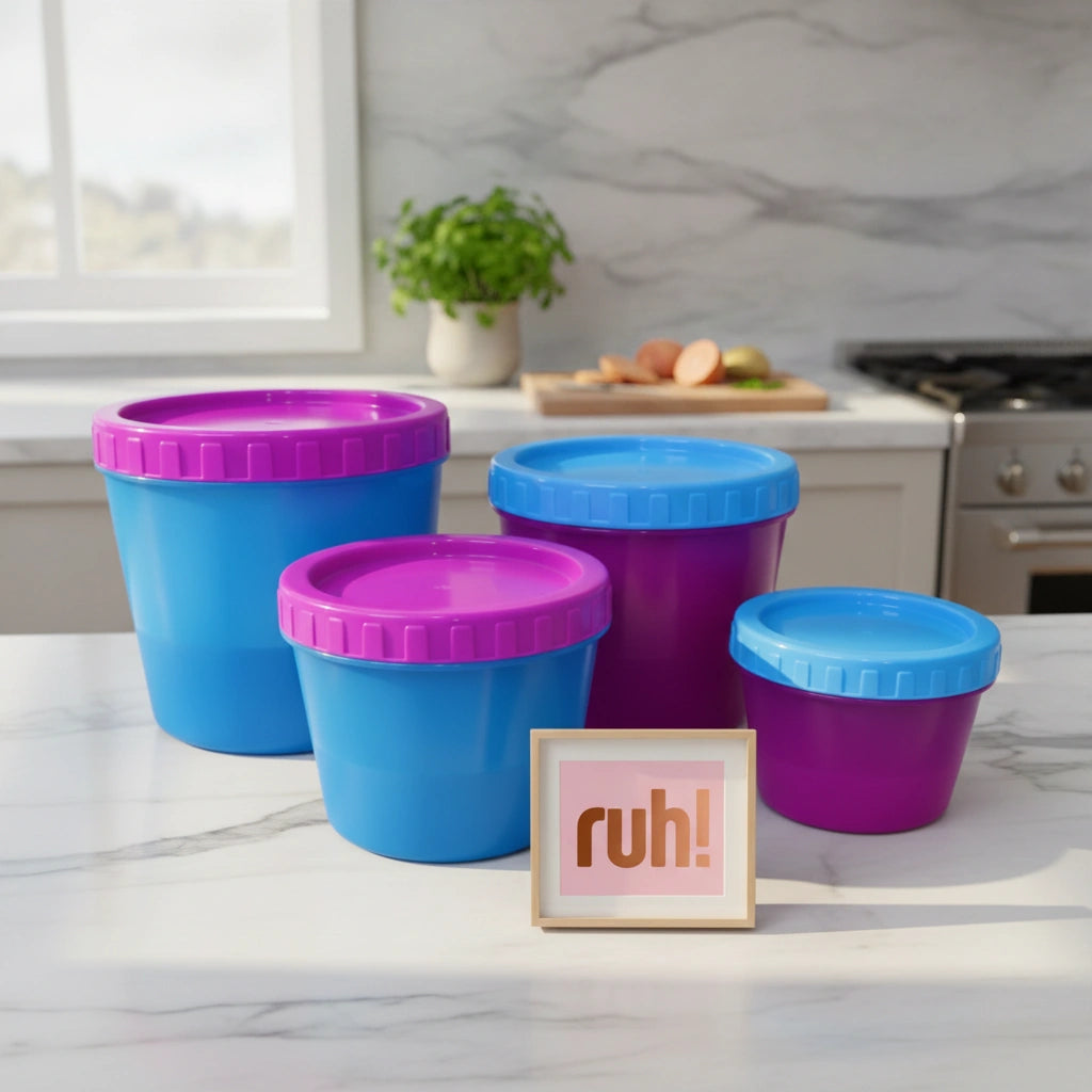 Set 4 Contenedores Redondos Azul y Fiusha | 150 ml, 370 ml, 680 ml y 1.1 litro
