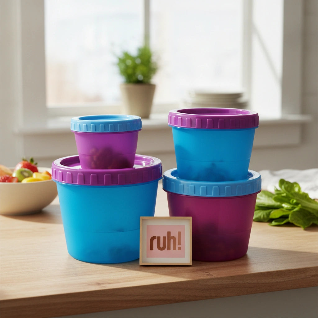 Set 4 Contenedores Redondos Azul y Fiusha | 150 ml, 370 ml, 680 ml y 1.1 litro