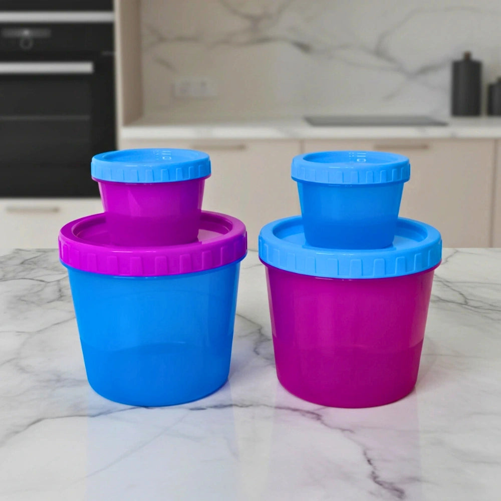 Set 4 Contenedores Redondos Azul y Fiusha | 150 ml a 1.1 L