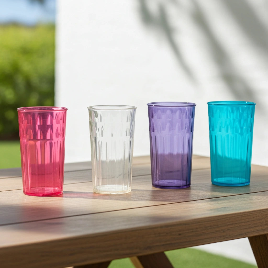 Set 4 Vasos Plástico Tipo Cristal 275 ml | Colores Surtidos
