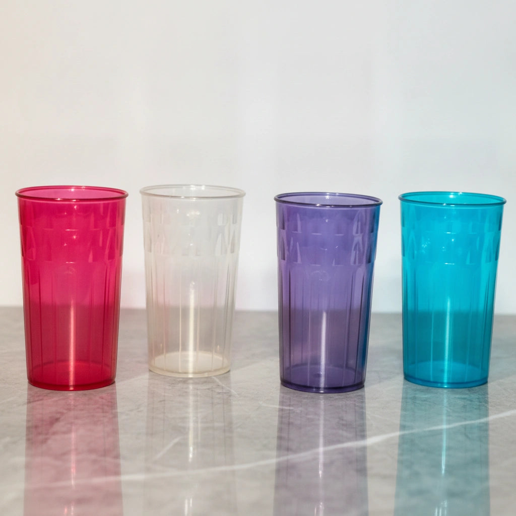 Set 4 Vasos Plástico Tipo Cristal 275 ml | Colores Surtidos
