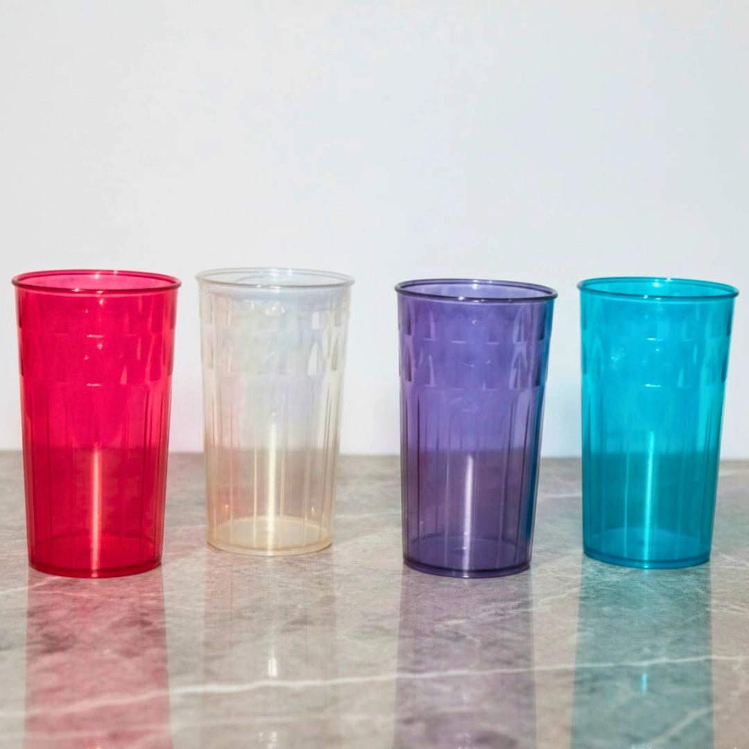 Set 4 Vasos Plástico Tipo Cristal 275 ml | Colores Surtidos