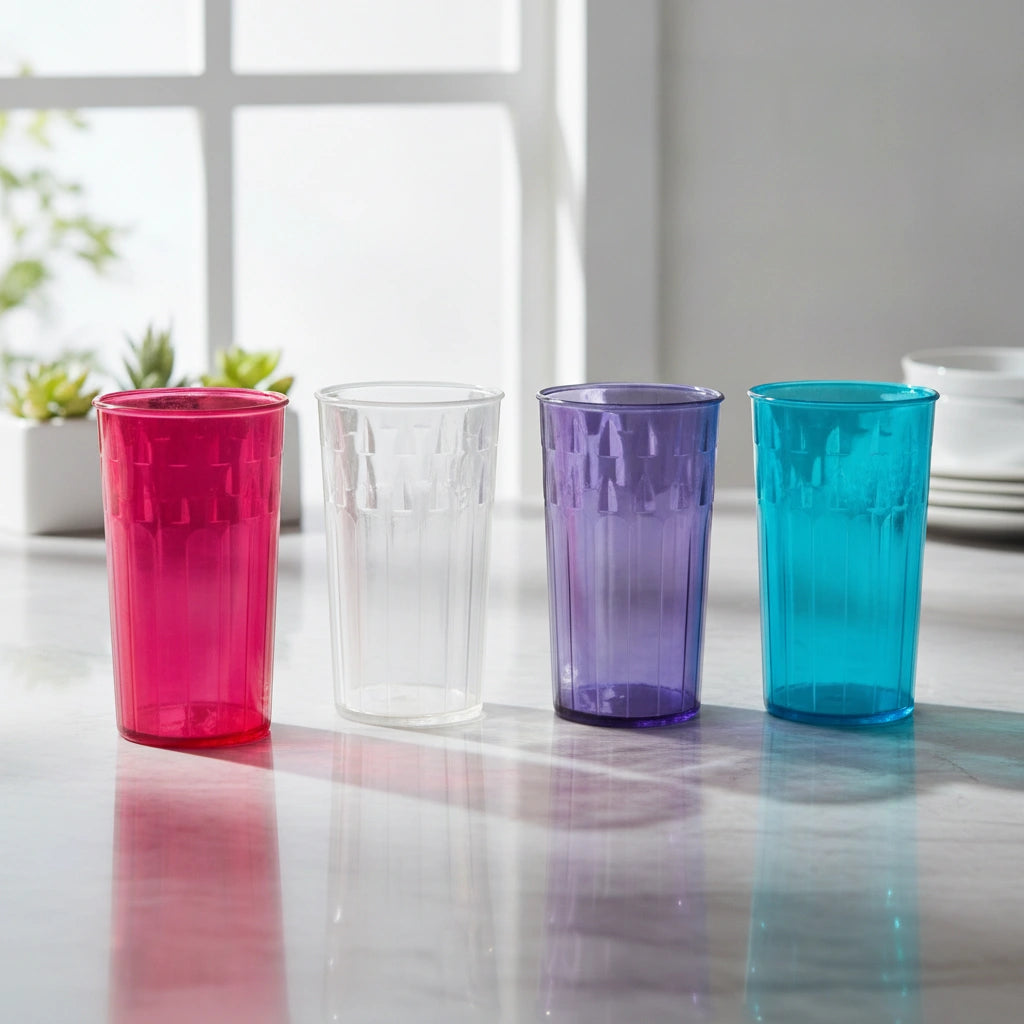 Set 4 Vasos Plástico Tipo Cristal 275 ml | Colores Surtidos