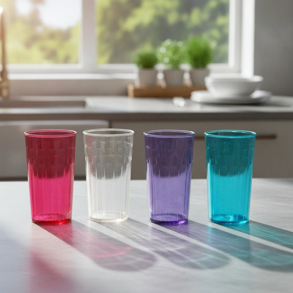 Set 4 Vasos Plástico Tipo Cristal 275 ml | Colores Surtidos