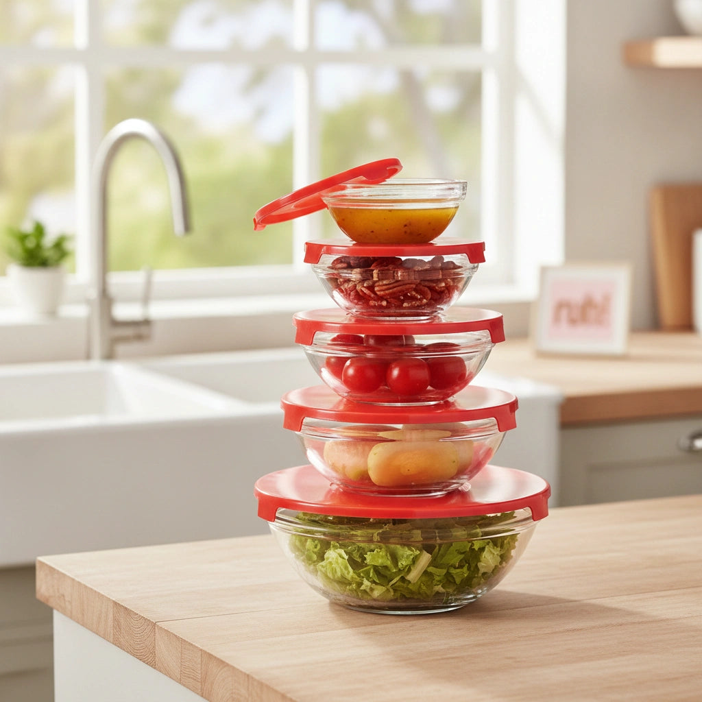 Set 5 Bowls de Vidrio con Tapa | Apilables