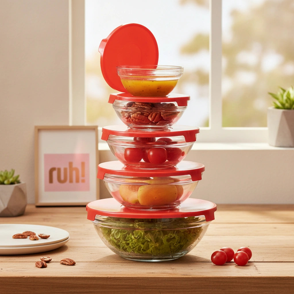 Set 5 Bowls de Vidrio con Tapa | Apilables