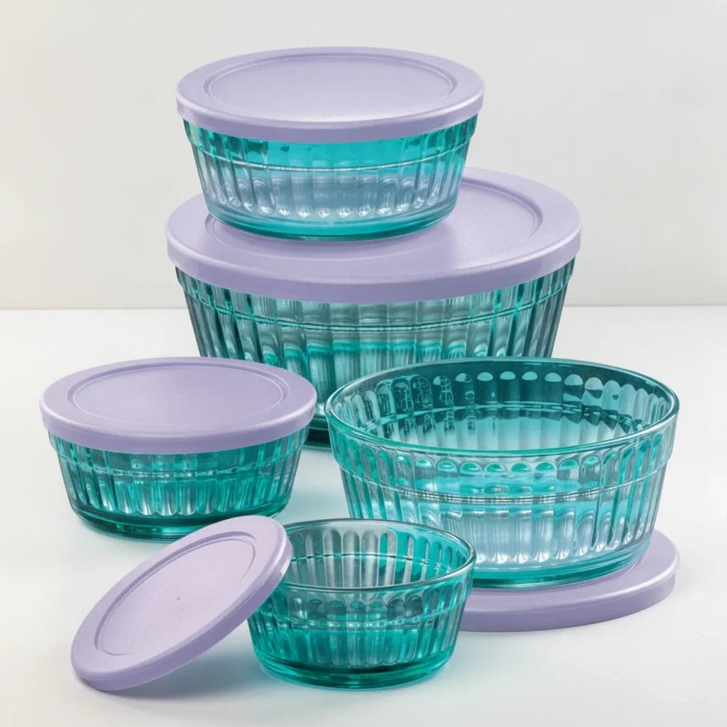 Set 5 Tazones de Vidrio Turquesa con Tapa