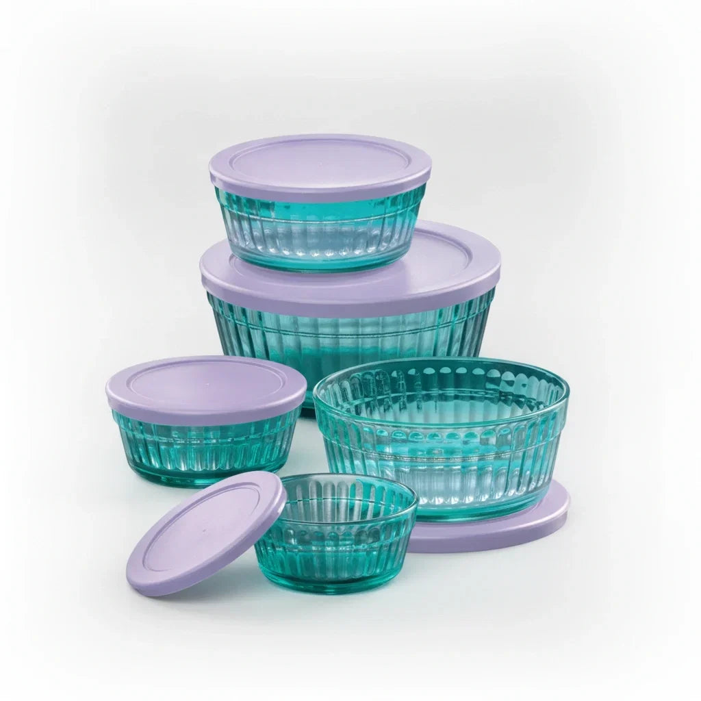 Set 5 Tazones de Vidrio Turquesa con Tapa
