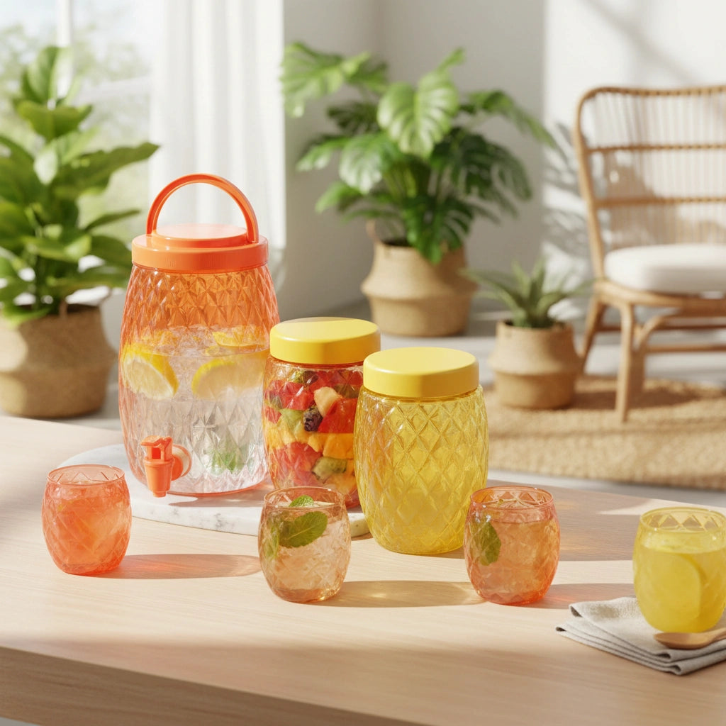 Set 7 Pzas Vitrolero 2.8 L, Contenedores 1.1 L, Vasos 300 ml