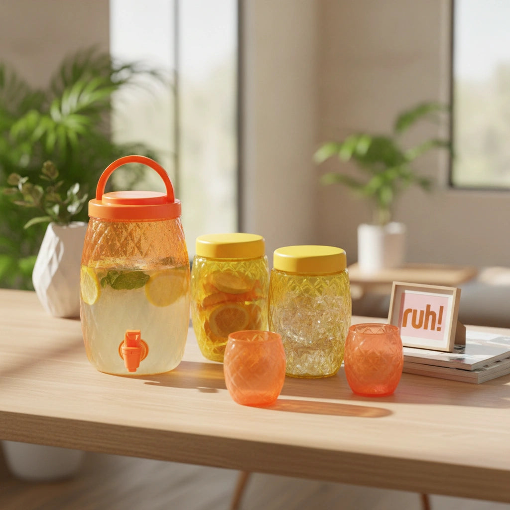 Set 7 Pzas Vitrolero 2.8 L, Contenedores 1.1 L, Vasos 300 ml