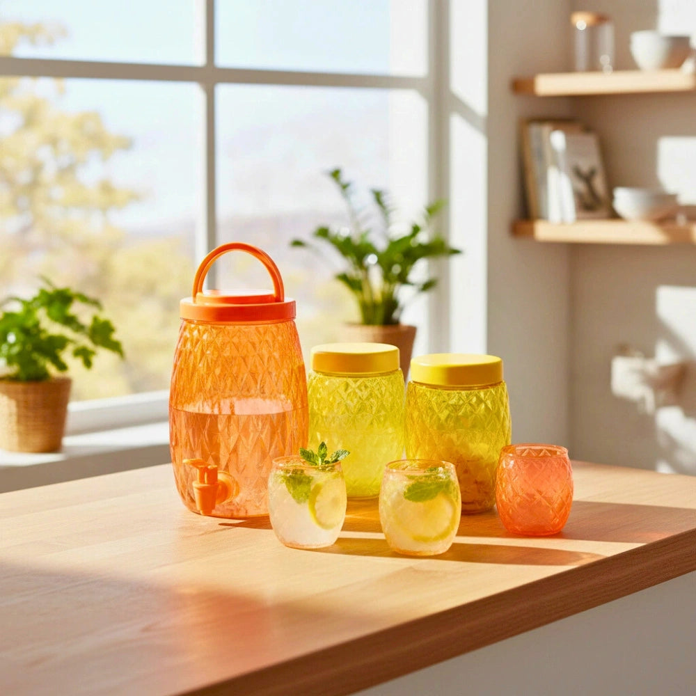 Set 7 Pzas Vitrolero 2.8 L, Contenedores 1.1 L, Vasos 300 ml