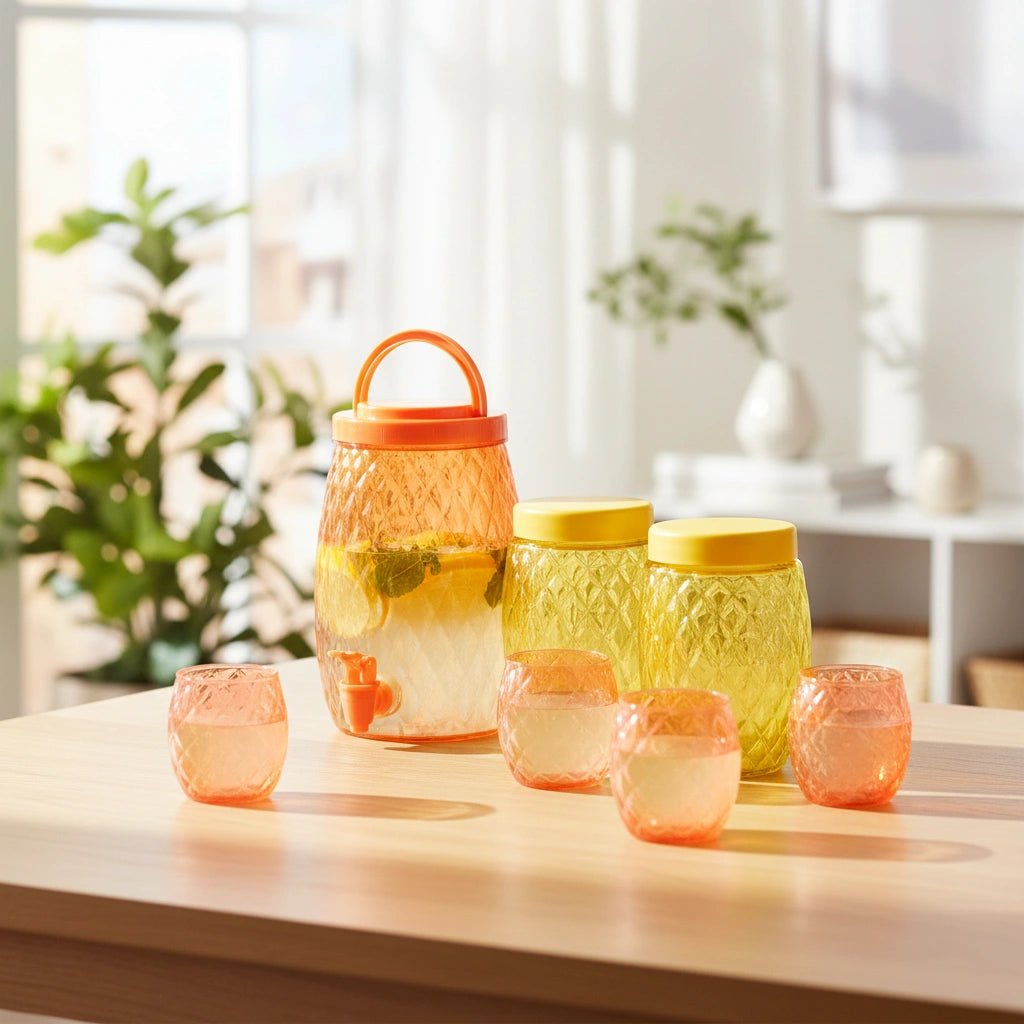 Set 7 Pzas Vitrolero 2.8 L, Contenedores 1.1 L, Vasos 300 ml
