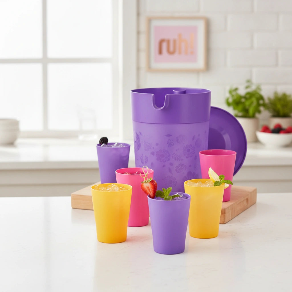 Set Jarra Jumbo Morada 4 L y 6 Vasos de Colores