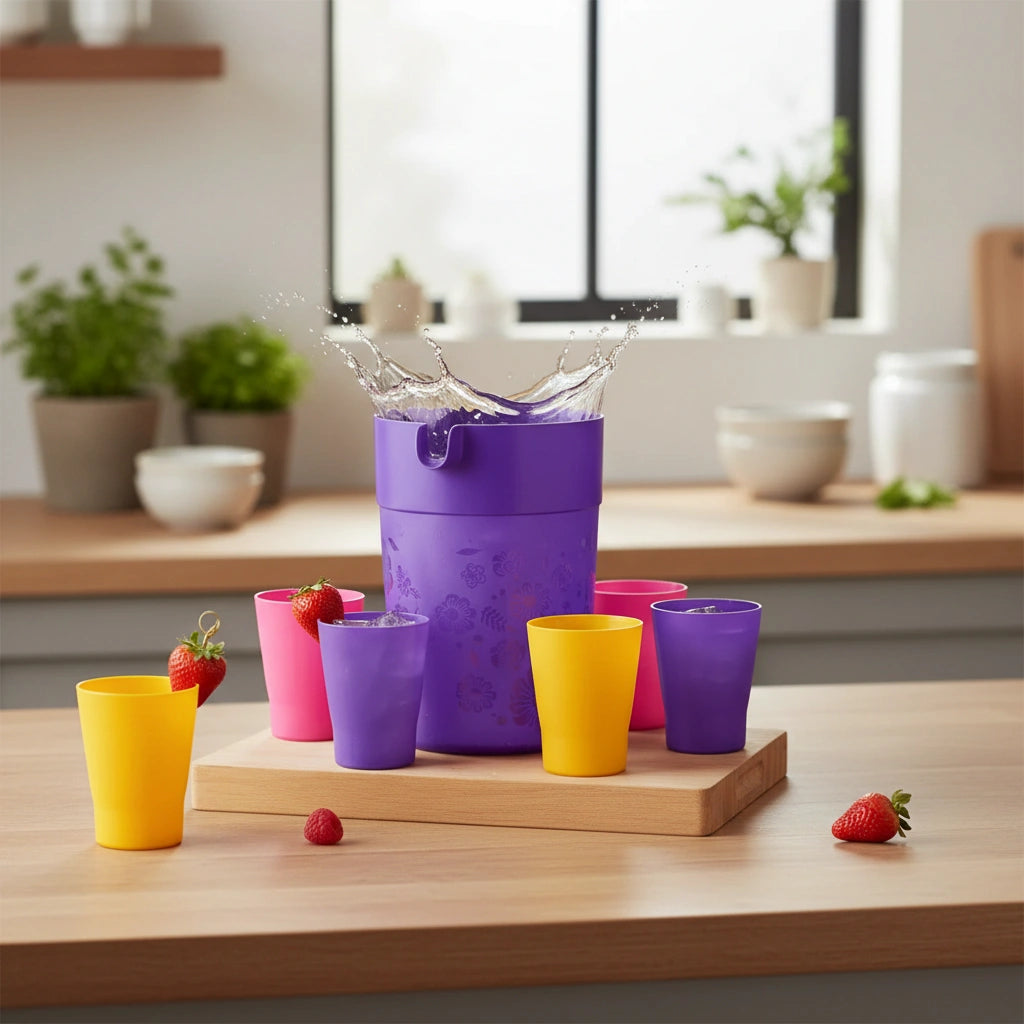 Set Jarra Jumbo Morada 4 L y 6 Vasos de Colores