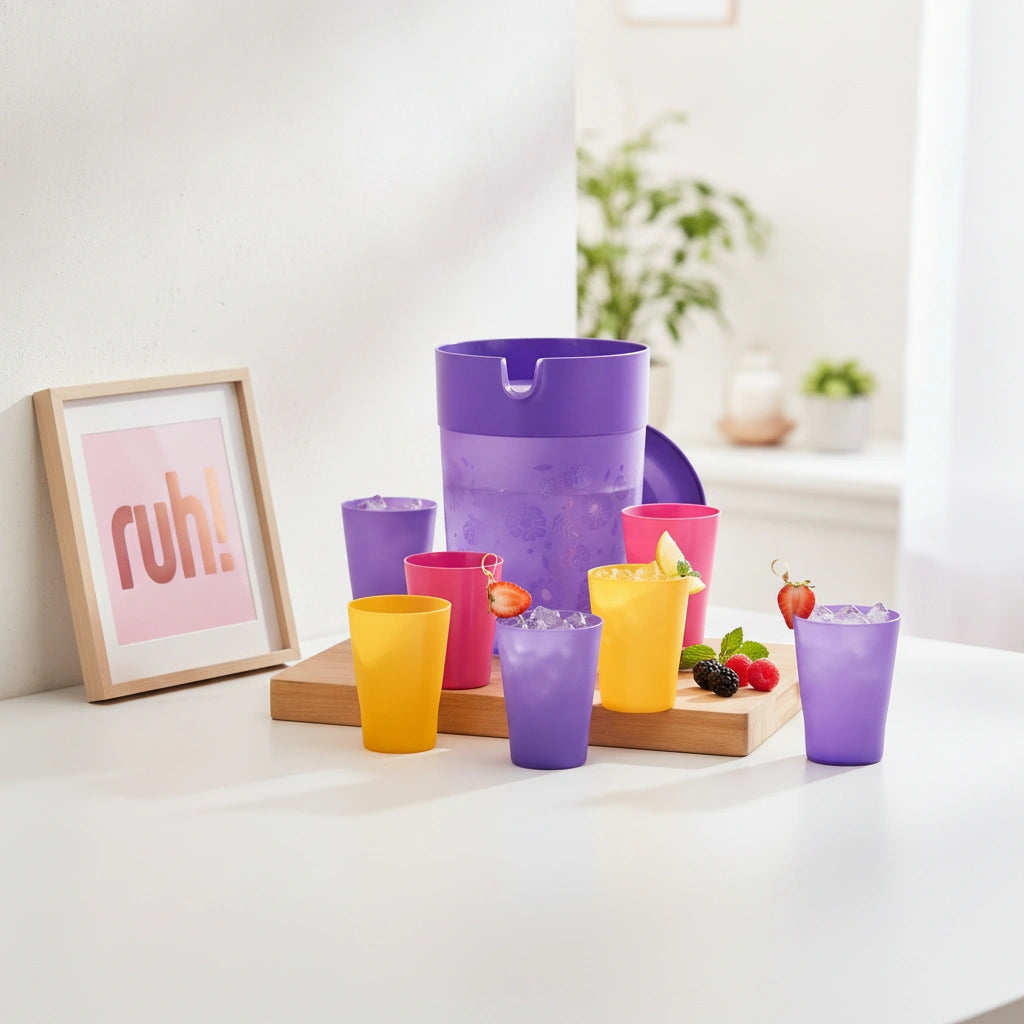 Set Jarra Jumbo Morada 4 L y 6 Vasos de Colores