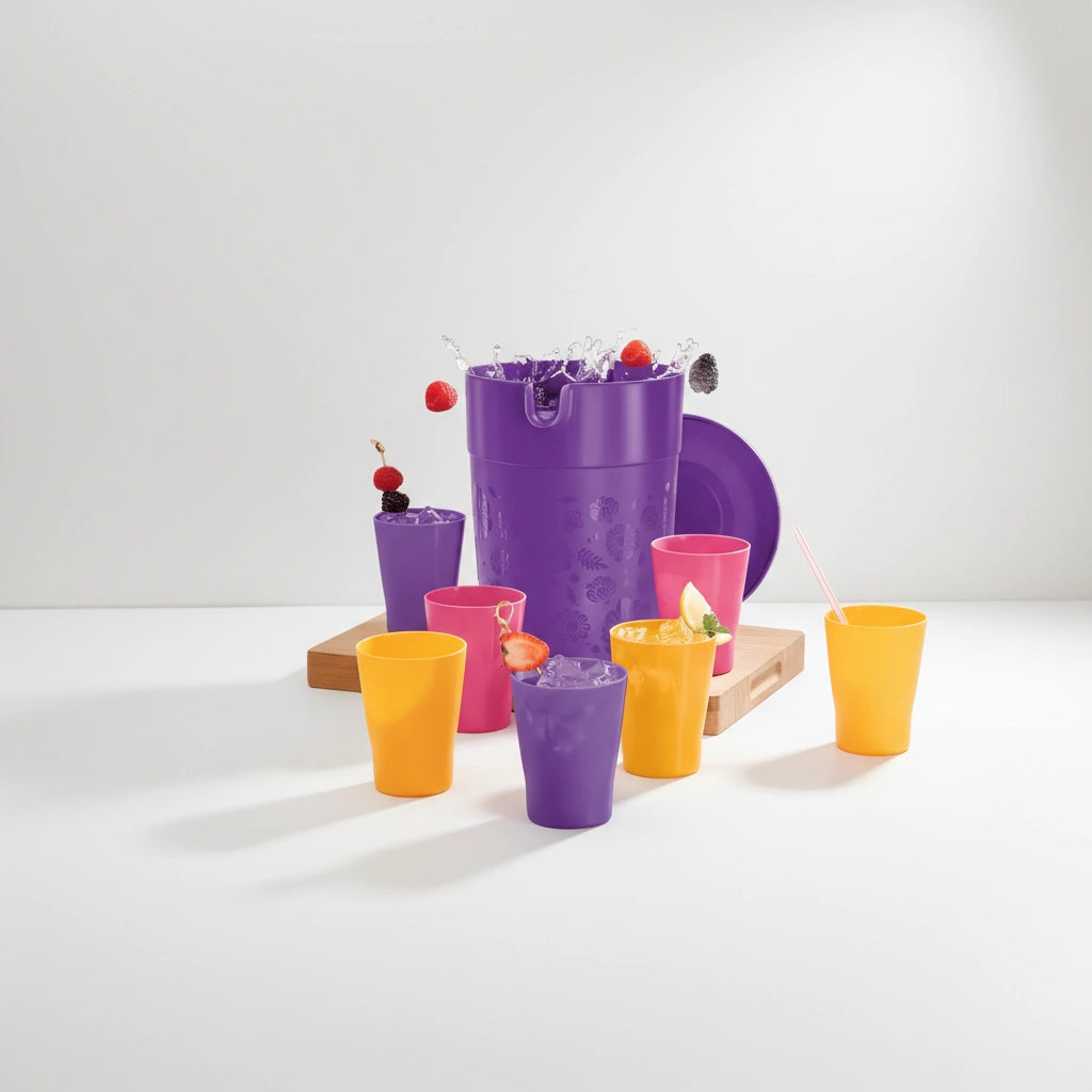 Set Jarra Jumbo Morada 4 L y 6 Vasos de Colores