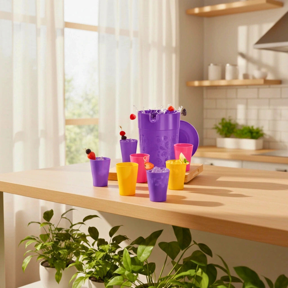 Set Jarra Jumbo Morada 4 L y 6 Vasos de Colores