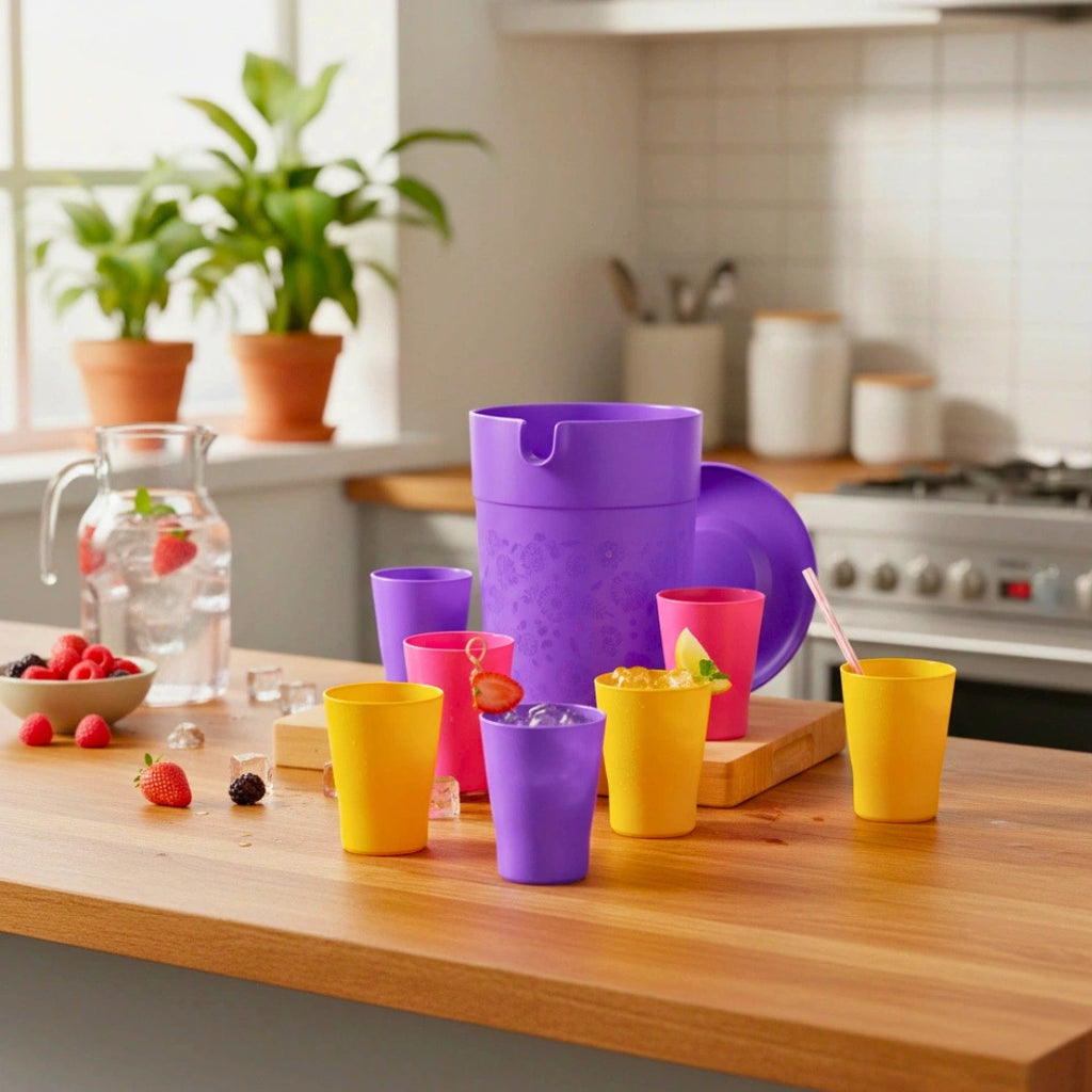 Set Jarra Jumbo Morada 4 L y 6 Vasos de Colores