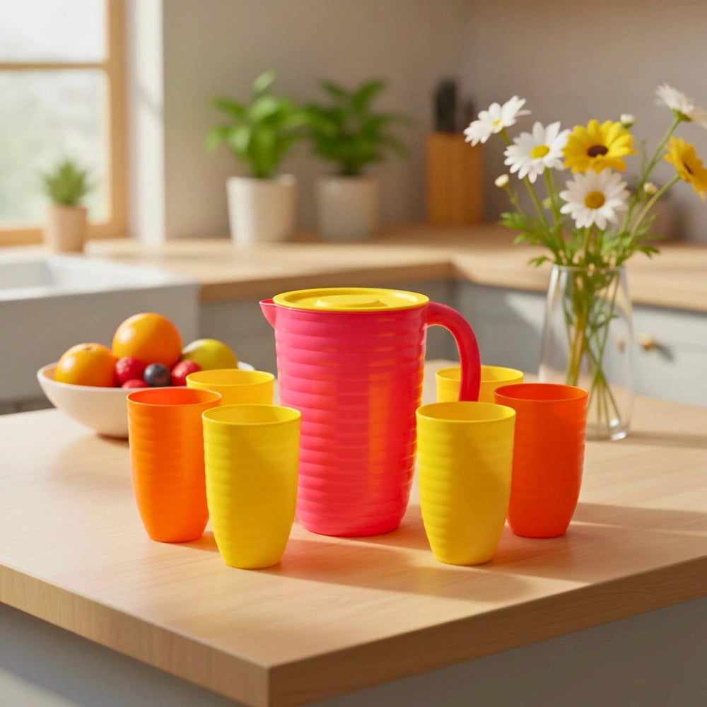 Set de Jarra 2 L y 6 Vasos de Plástico 370 ml