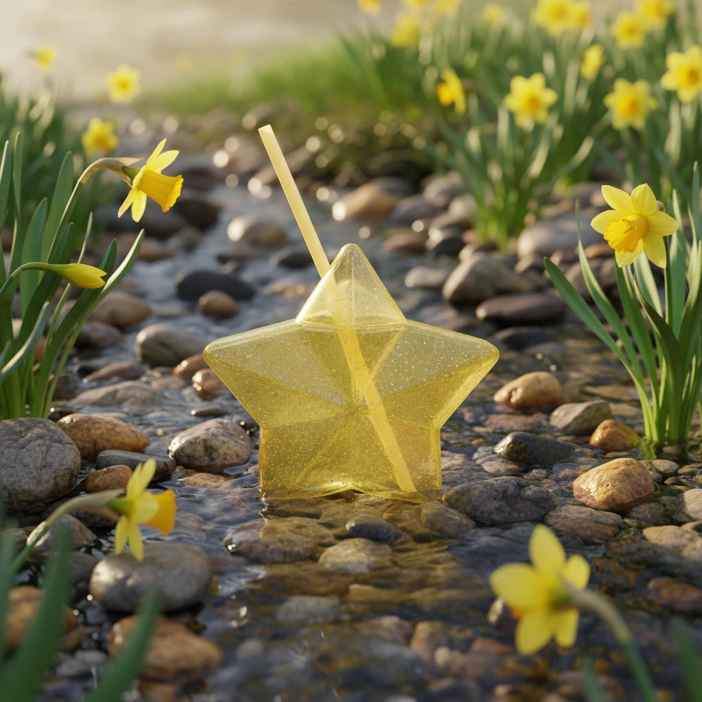 Vaso Estrella Amarillo Glitter con Popote | 600 ml