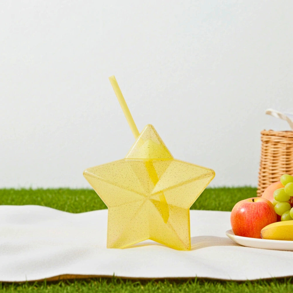 Vaso Estrella Amarillo Glitter con Popote | 600 ml