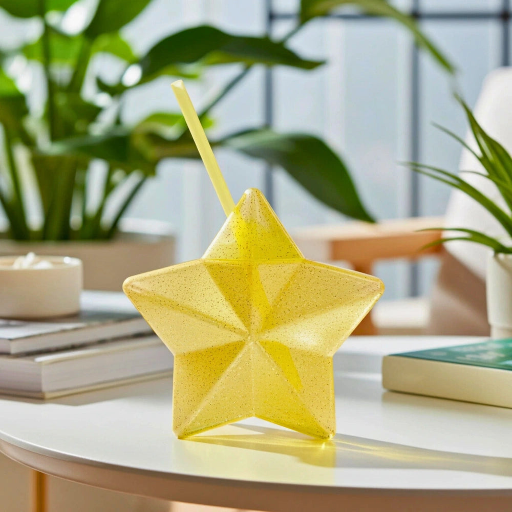 Vaso Estrella Amarillo Glitter con Popote | 600 ml