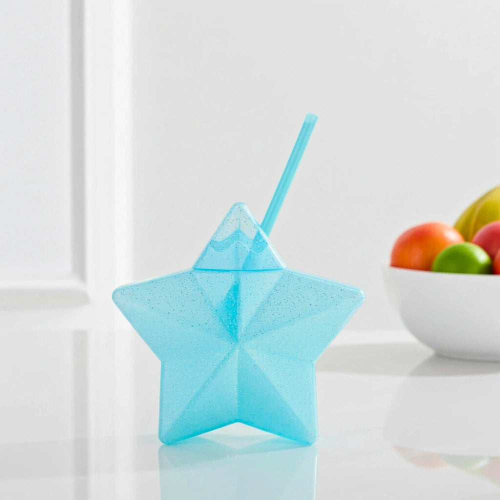 Vaso Estrella Azul Glitter con Popote | 600 ml