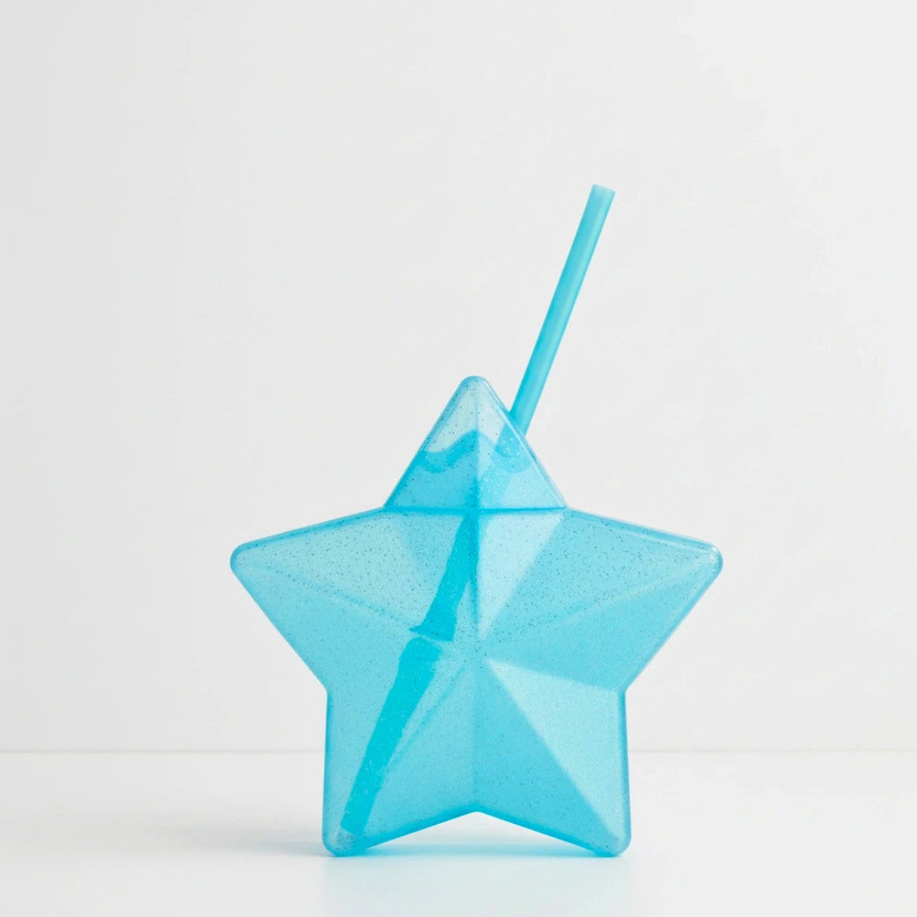 Vaso Estrella Azul Glitter con Popote | 600 ml