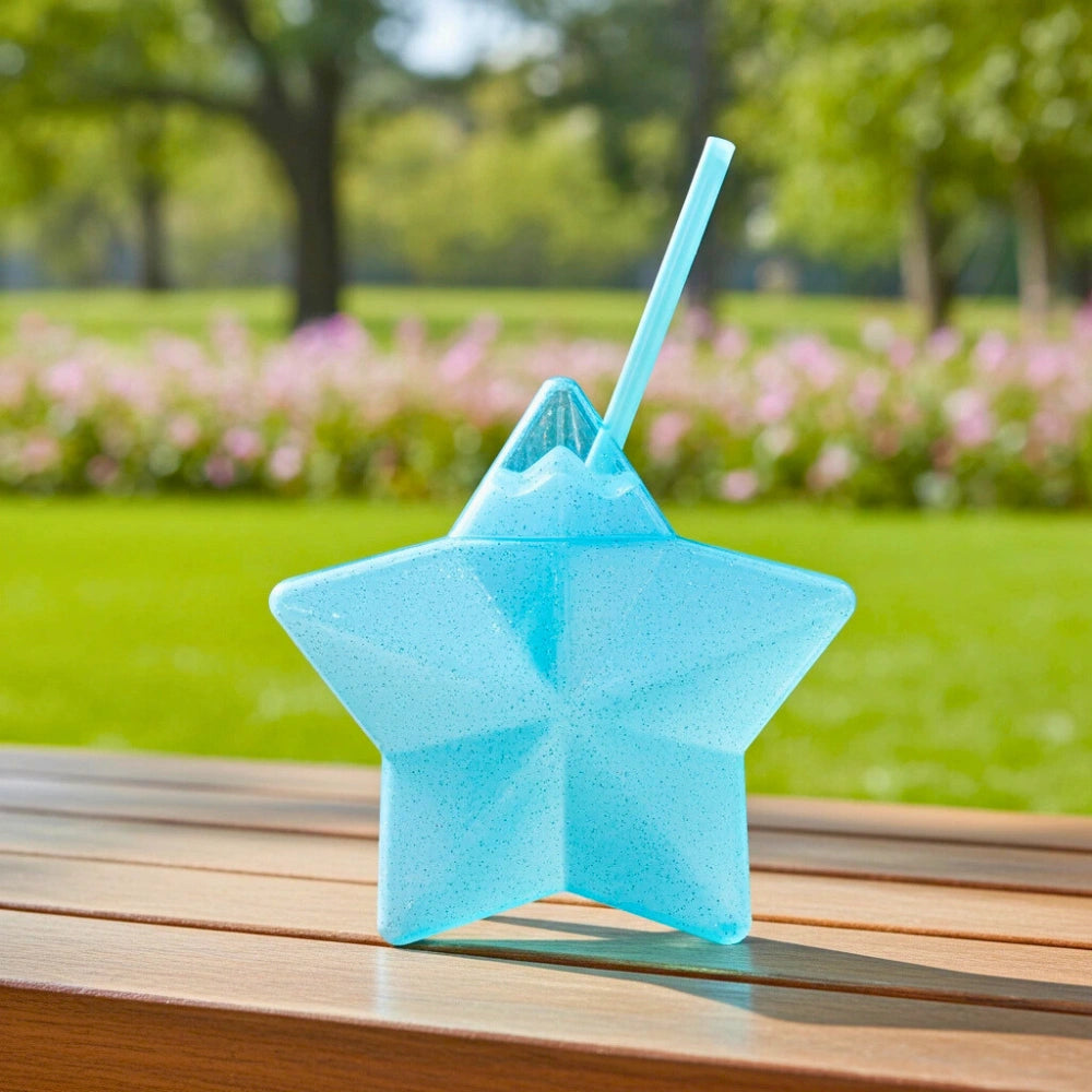 Vaso Estrella Azul Glitter con Popote | 600 ml