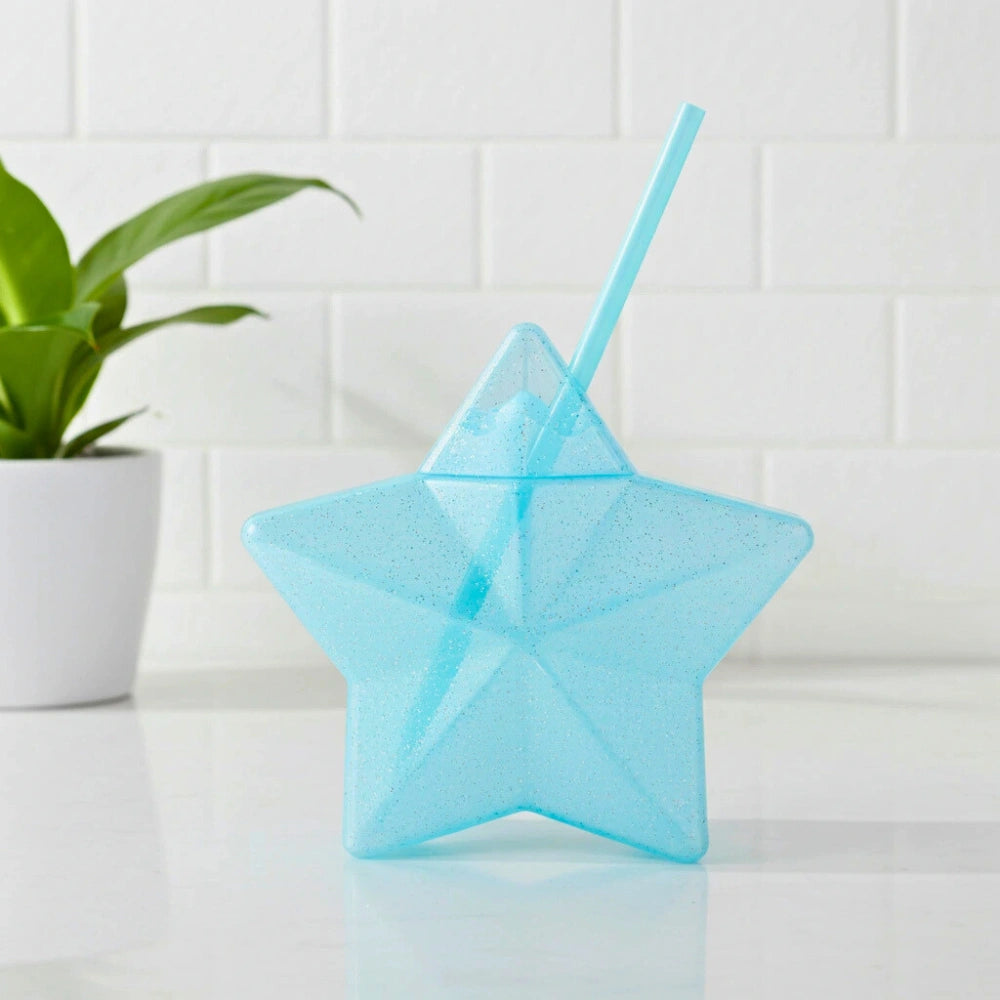 Vaso Estrella Azul Glitter con Popote | 600 ml