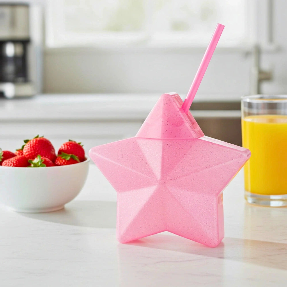 Vaso Estrella Rosa Glitter con Popote | 600 ml