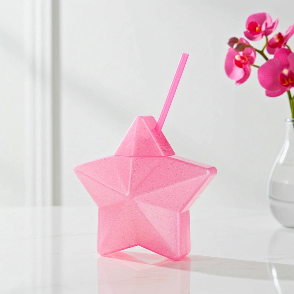 Vaso Estrella Rosa Glitter con Popote | 600 ml