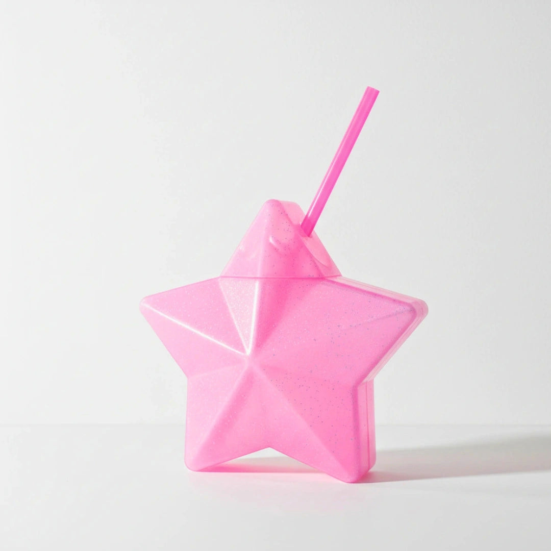 Vaso Estrella Rosa Glitter con Popote | 600 ml