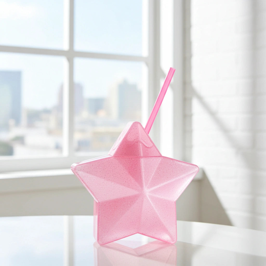 Vaso Estrella Rosa Glitter con Popote | 600 ml