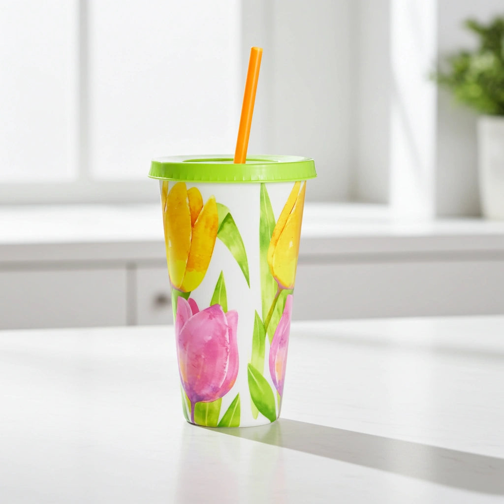 Vaso con Popote 700 ml | Tulipanes