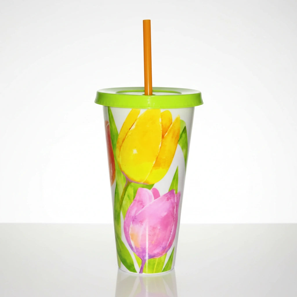 Vaso con Popote 700 ml | Tulipanes